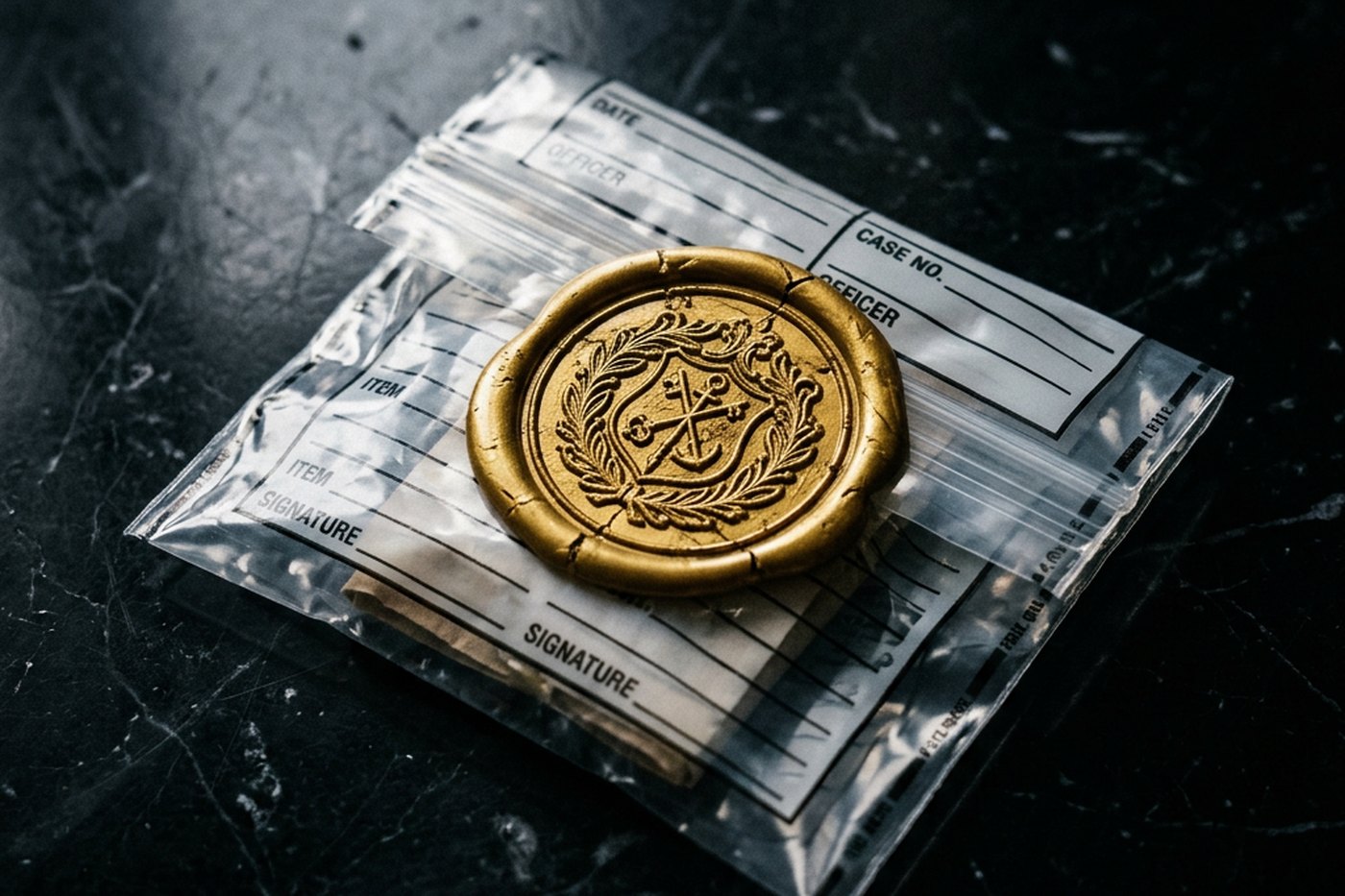 Bolsa de pruebas sellada con lacre dorado, símbolo de la cadena de custodia en delitos de hurto