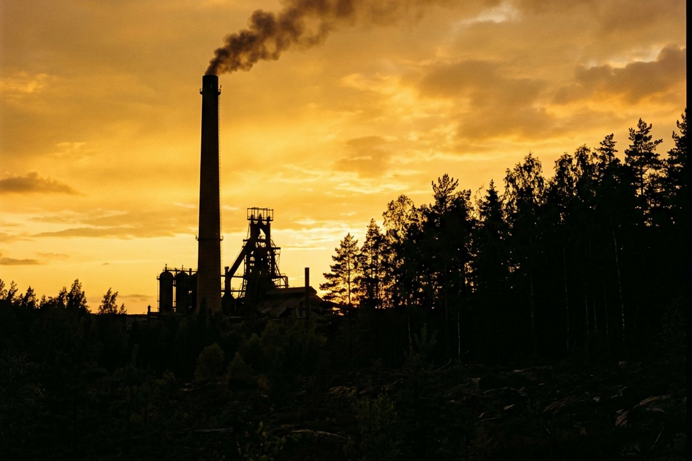 Chimenea industrial al atardecer, símbolo de los delitos contra el medio ambiente y la ordenación del territorio