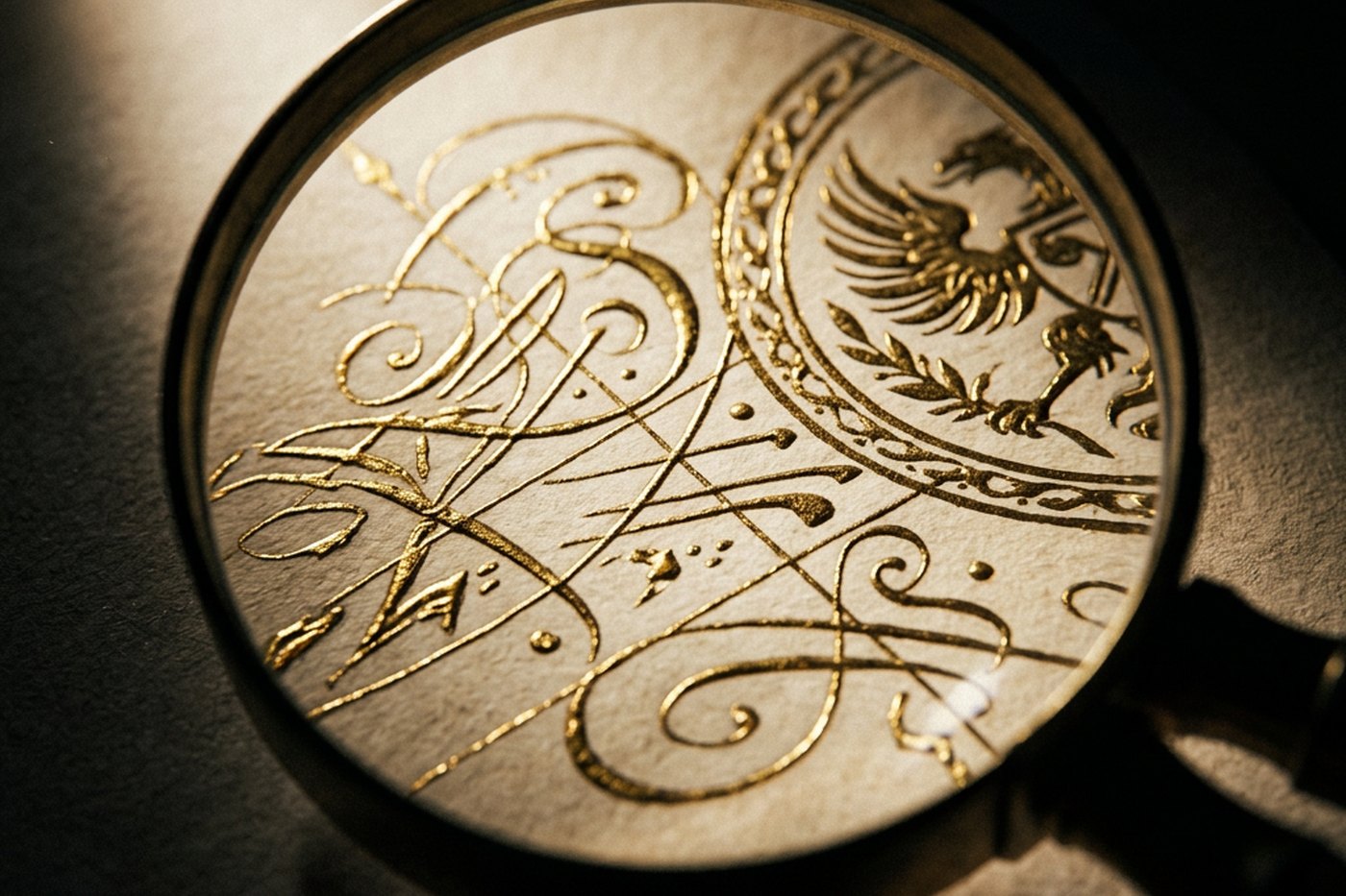 Lupa sobre un sello dorado con escudo, símbolo de la falsificación de moneda y documentos oficiales
